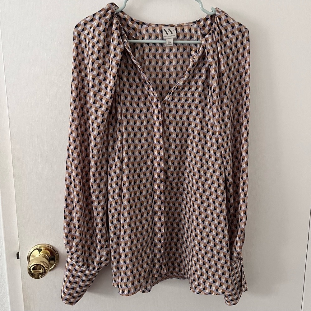 Worthington Women’s Geometric Pattern Blouse Long Sleeve Hidden Button XXL